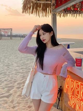 Summer distressed boat neck cropped knit (5 colors)