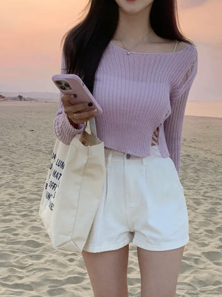Summer distressed boat neck cropped knit (5 colors)