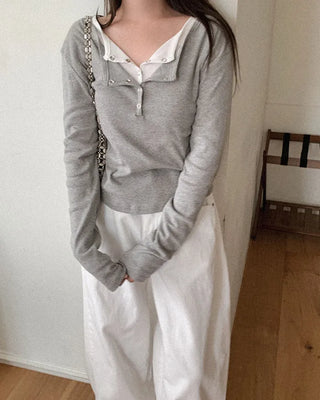 Snap button long-sleeved T-shirt