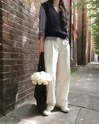 Wide cotton slacks with pleats