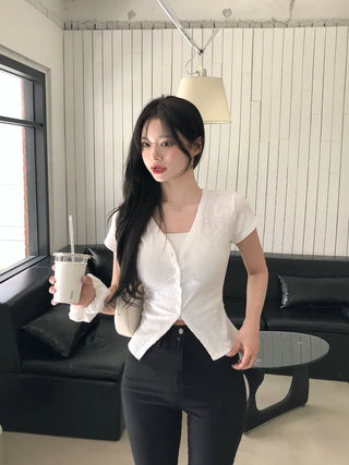 Slim Tie Short-Sleeve Cardigan Set