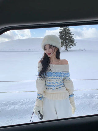[2-way] Snowflake print off-shoulder knit
