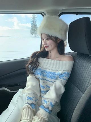[2-way] Snowflake print off-shoulder knit