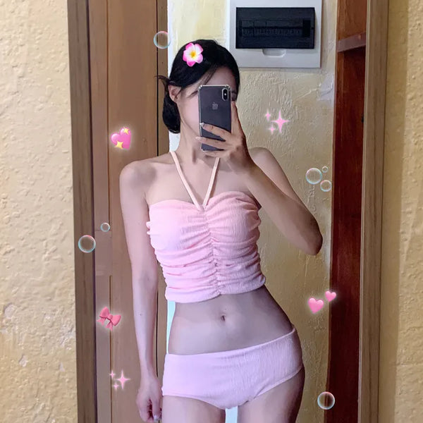 [2pcs] Ribbon Shirring Bikini Set