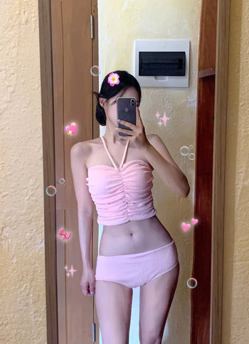 [2pcs] Ribbon Shirring Bikini Set