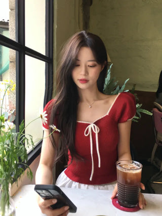 Ribbon Bicolor Short-Sleeve Knit