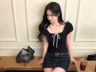 Ribbon Bicolor Short-Sleeve Knit