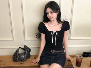 Ribbon Bicolor Short-Sleeve Knit