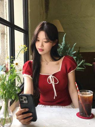 Ribbon Bicolor Short-Sleeve Knit
