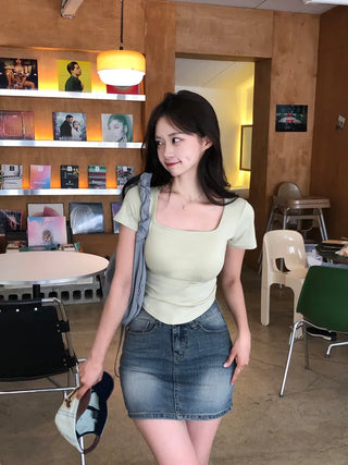 Square neck short-sleeved T-shirt (7 colors)