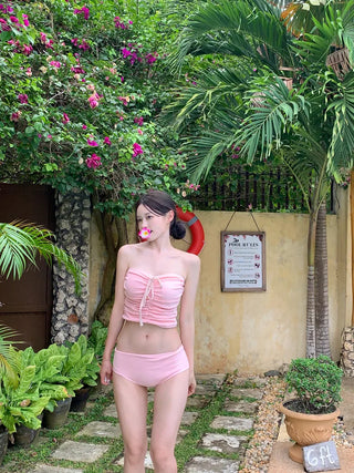 [2pcs] Ribbon Shirring Bikini Set