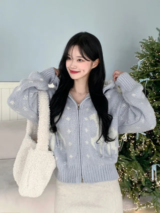 Nordic pattern knit hoodie