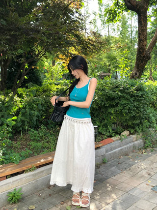 Stitched frill elastic long skirt
