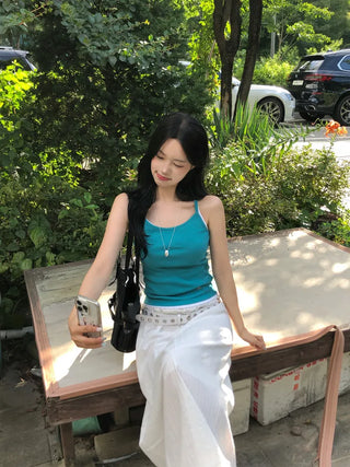 Stitched frill elastic long skirt