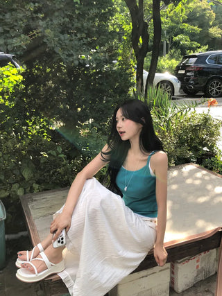 Stitched frill elastic long skirt