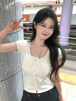 Slim ribbed short-sleeved cardigan (4 colors)