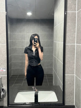 Denim cropped short-sleeved shirt (3 colors)