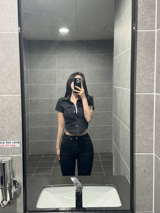 Denim cropped short-sleeved shirt (3 colors)