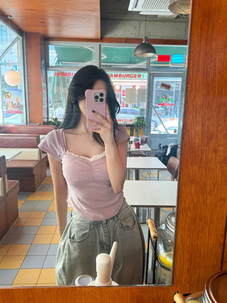 Shirred Cap Sleeve Short Sleeve T-Shirt