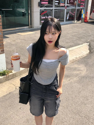 Shirred Cap Sleeve Short Sleeve T-Shirt