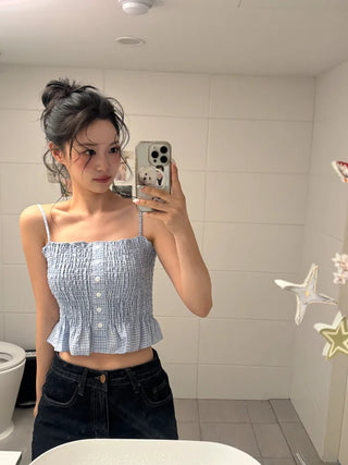 Shirred check sleeveless blouse