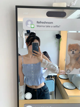 Shirred check sleeveless blouse