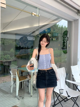 Shirred check sleeveless blouse