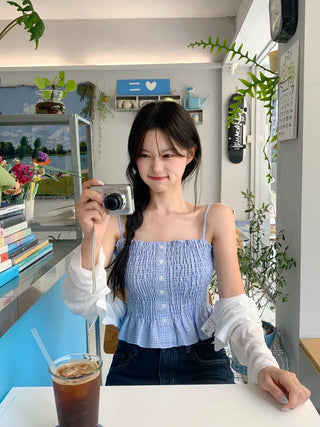 Shirred check sleeveless blouse