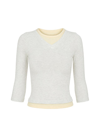 Briellah Layered 3/4 Sleeve Top Grey Marle / Yellow