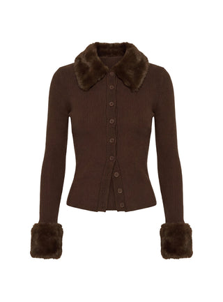 Chiqueeta Faux Fur Trim Knit Cardigan Chocolate