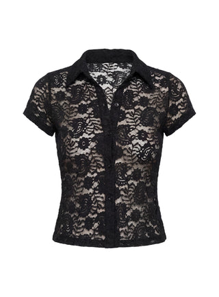 Daveney Lace Short Sleeve Collared Top Black