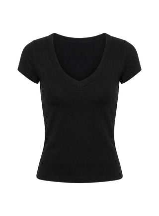 Daily Define Deep V Short Sleeve Top Black