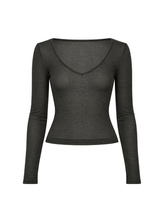 Kaiyah Sheer V Neck Long Sleeve Top Slate