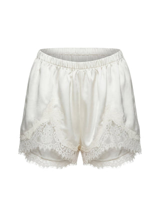 Parisse Satin Lace Trim Shorts Off White