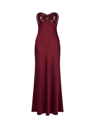 See The Vision Sequin Bust Strapless Maxi Dress Burgundy