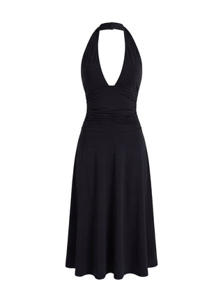 Zevani Plunge Halter Midi Dress Black