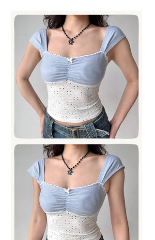 plaid embroidered crop-top