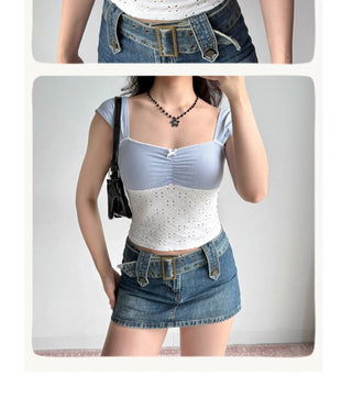 plaid embroidered crop-top