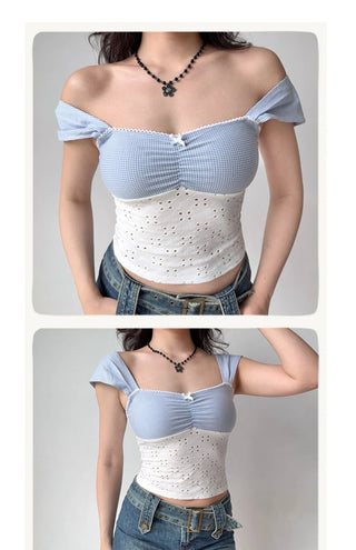 plaid embroidered crop-top