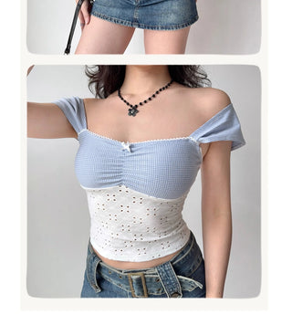 plaid embroidered crop-top