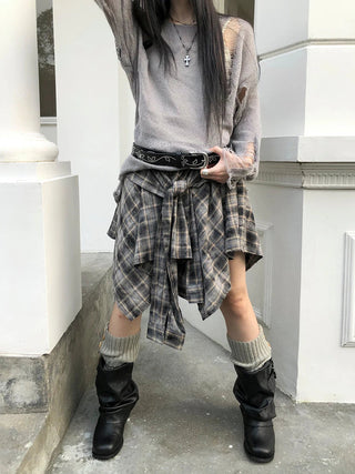 Vintage Plaid Wrap Mini Skirt High Waist Adjustable Waistband