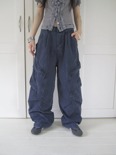 Vintage Washed Pleated Pocket Cargo Pants