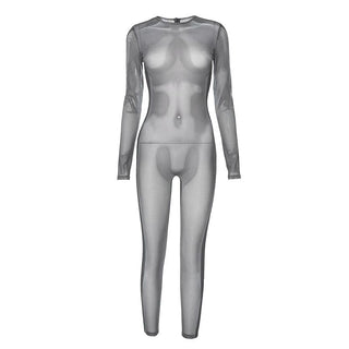 Long sleeve crewneck body print zip-up sheer mesh jumpsuit