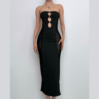 Hollow out beaded mesh backless tube cut out midi dress