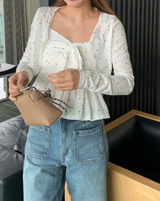 Bust Ribbon Dot Sleeveless Top & Cardigan Set