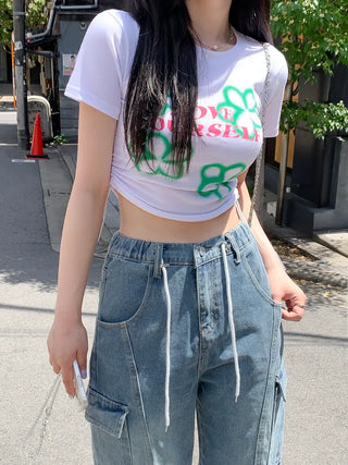Flower print string cropped t-shirt (4 colors)