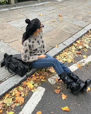 Square-toe triple-strap mid-calf boots