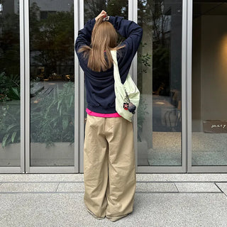 Double-pleated cotton wide-leg pants