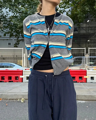 Double-border round-neck knit cardigan