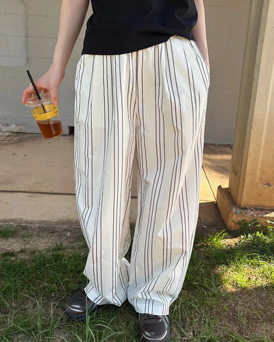 Elastic waist triple stripe cotton pants